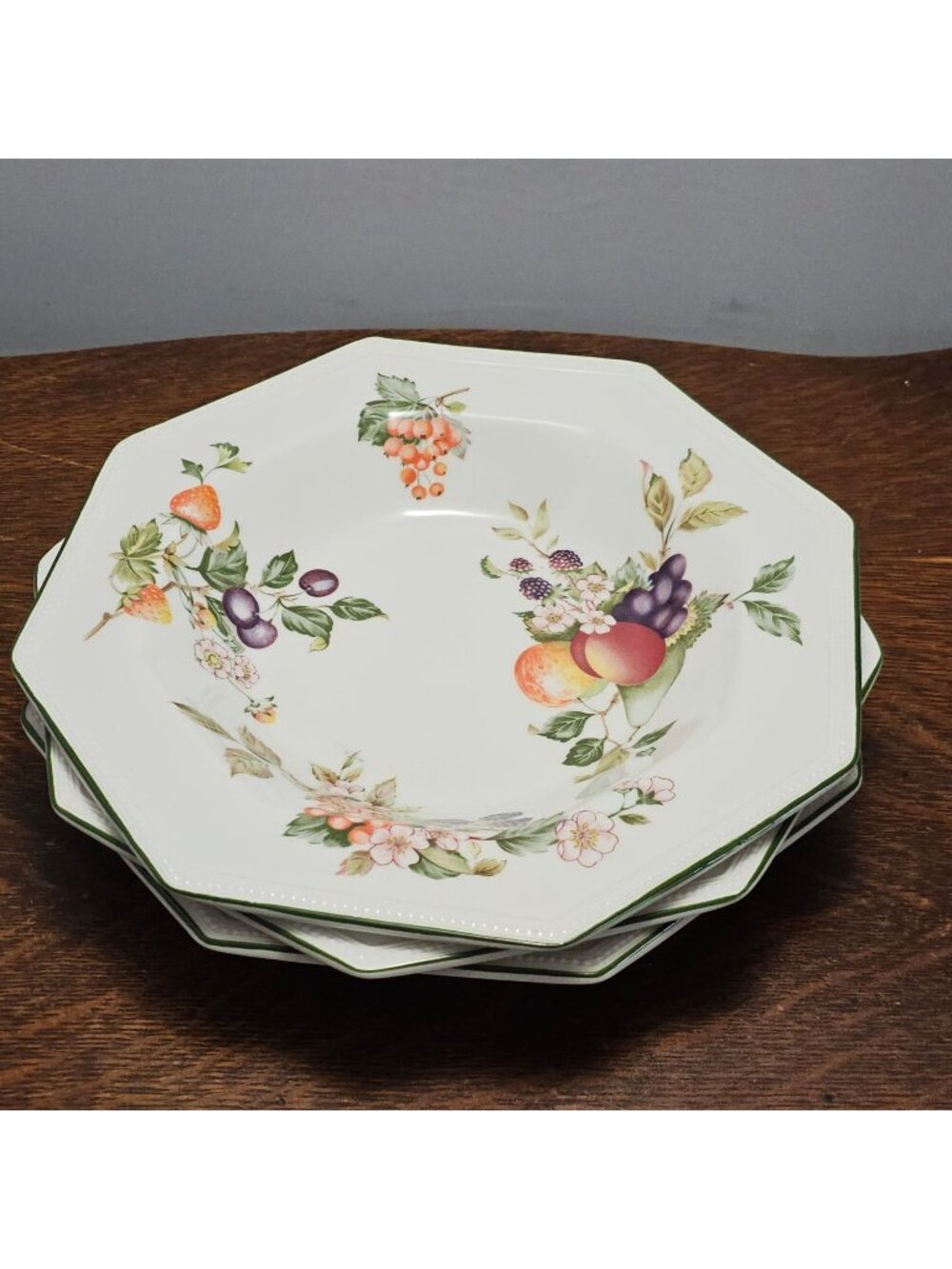 4 Johnson Brothers Fresh Fruit Bowl 9" large rim octagonal soup pasta green rim